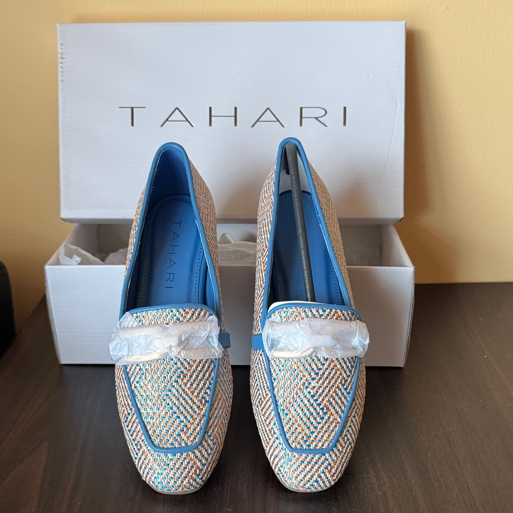 Tahari Woven Blue and Tan Flats